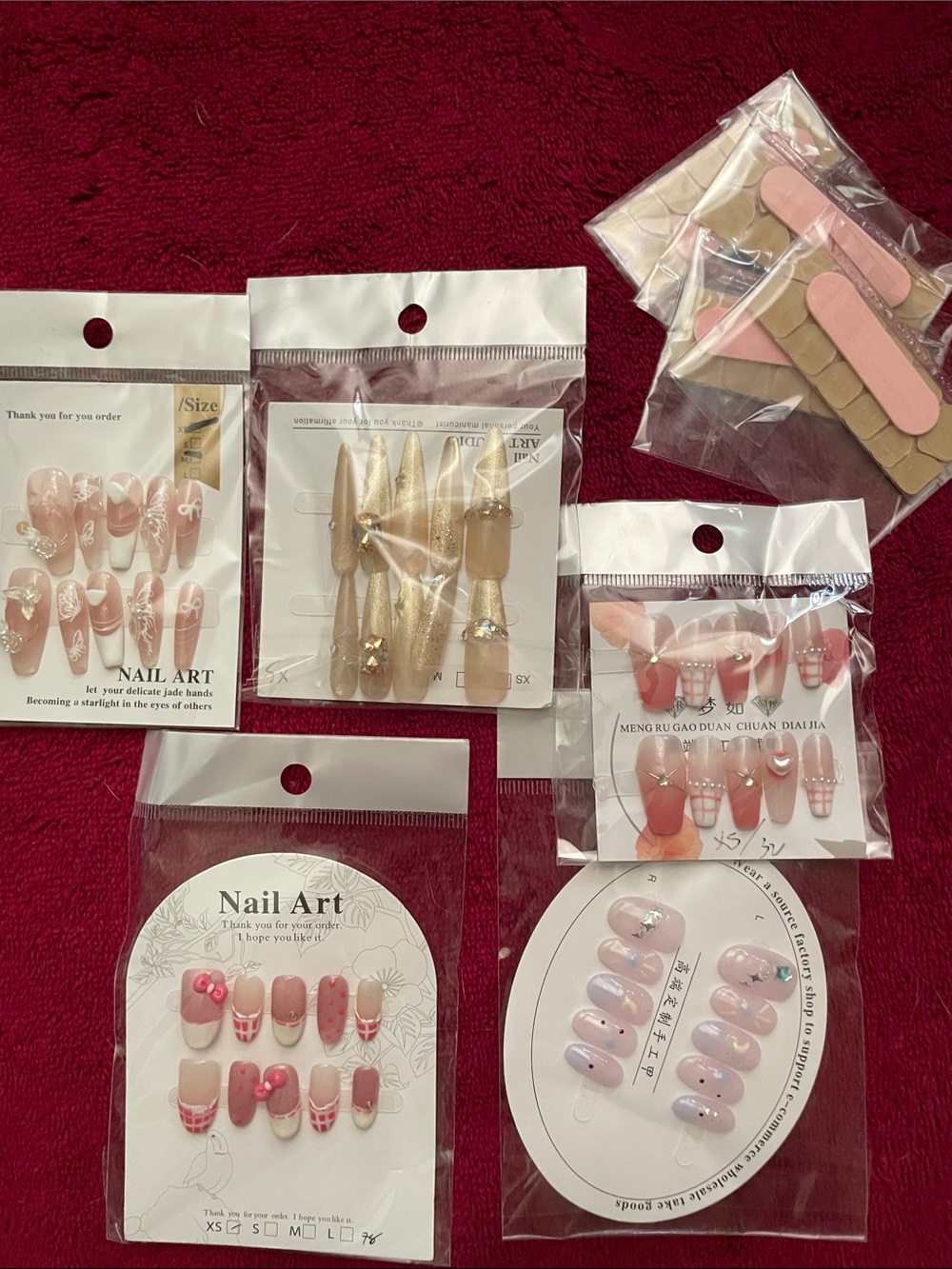 Nail Art Press-On Set – Pink & Nude Artificial Nails 5 sets lot bundle. XS